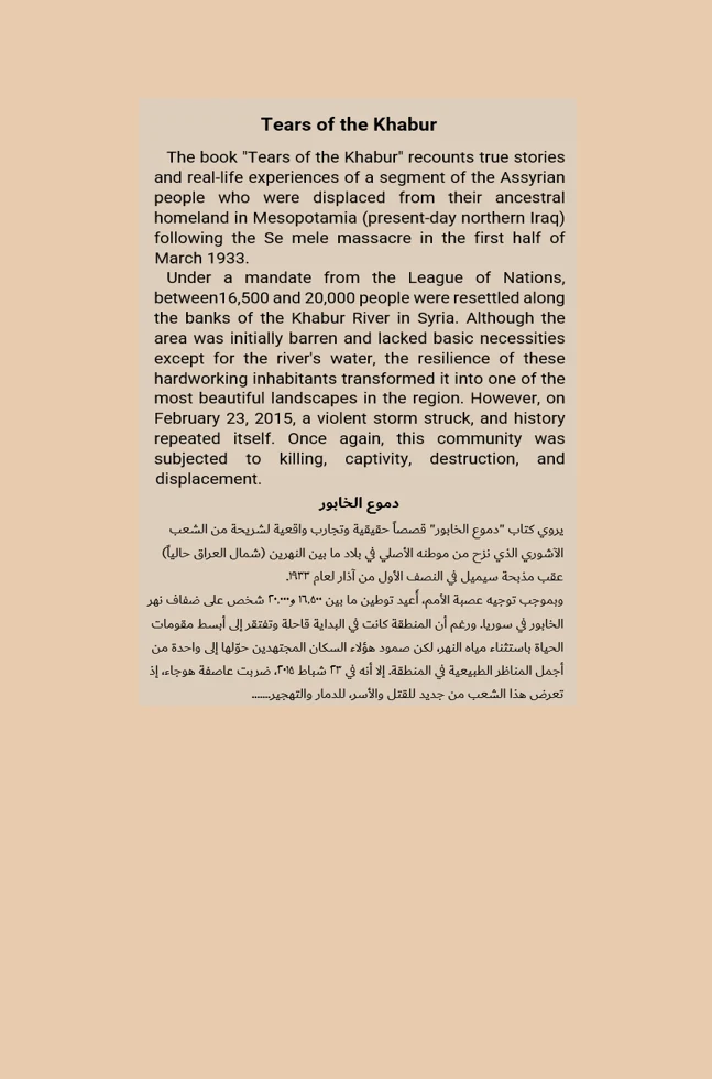 Back cover with the English and Arabic description of the book